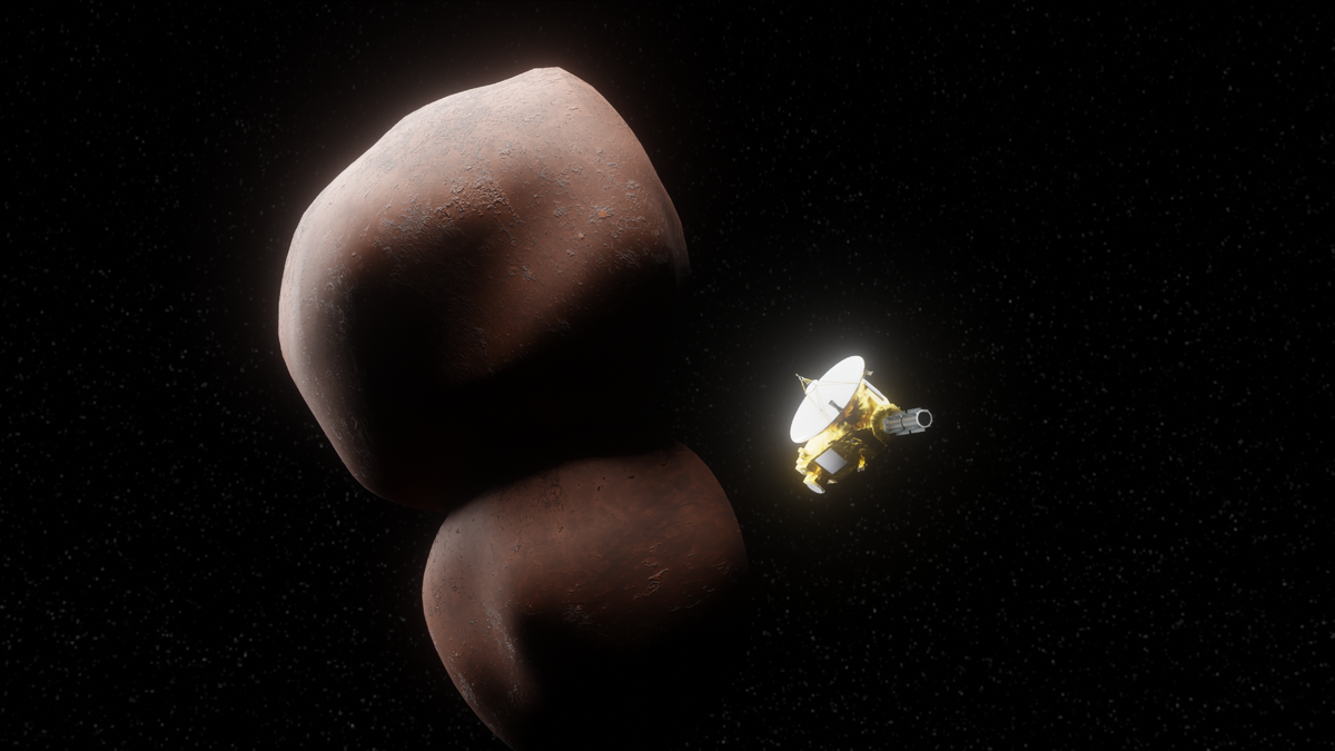 Arrokoth Tester Kit artwork: a spacecraft flying past the Arrokoth space rock