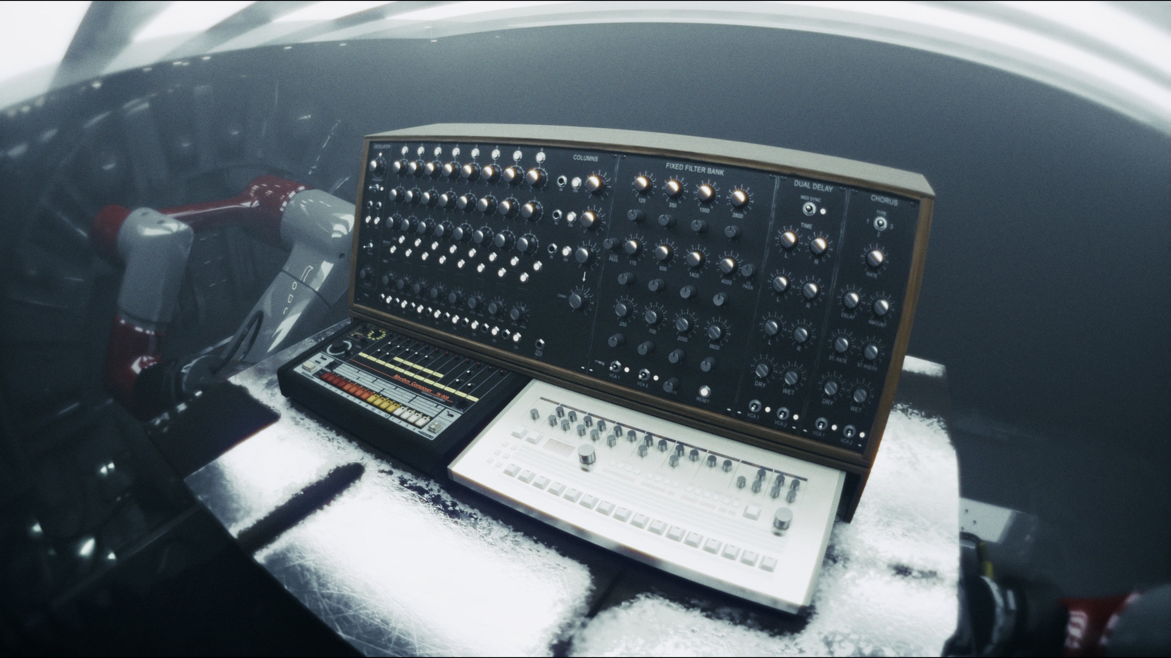 MachineSound Tester Kit: an analog synthesizer and drum machine on a desk